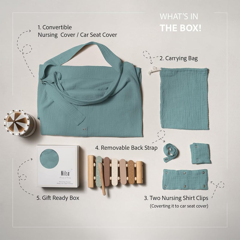 Nilsa 5-in-1 Muslin Nursing Cover up for Breastfeeding & Baby Car Seat Cover - Breathable Breastfeeding Cover With Rigid Hoop - 100% Cotton Privacy Apron Breast Feeding Covers For Women (Mint green) - Image 3